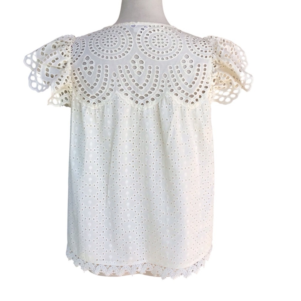 Jennifer & Grace Eyelet Crochet Trim Ruffle Sleeve Blouse in Cream - Picture 6 of 10